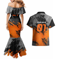 Custom MotoX Eagle Strike Motocross Couples Matching Mermaid Dress and Hawaiian Shirt with Rider Silhouette and Orange Grunge Design - Wonder Print Shop