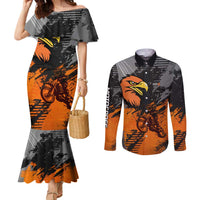 Custom MotoX Eagle Strike Motocross Couples Matching Mermaid Dress and Long Sleeve Button Shirt with Rider Silhouette and Orange Grunge Design - Wonder Print Shop