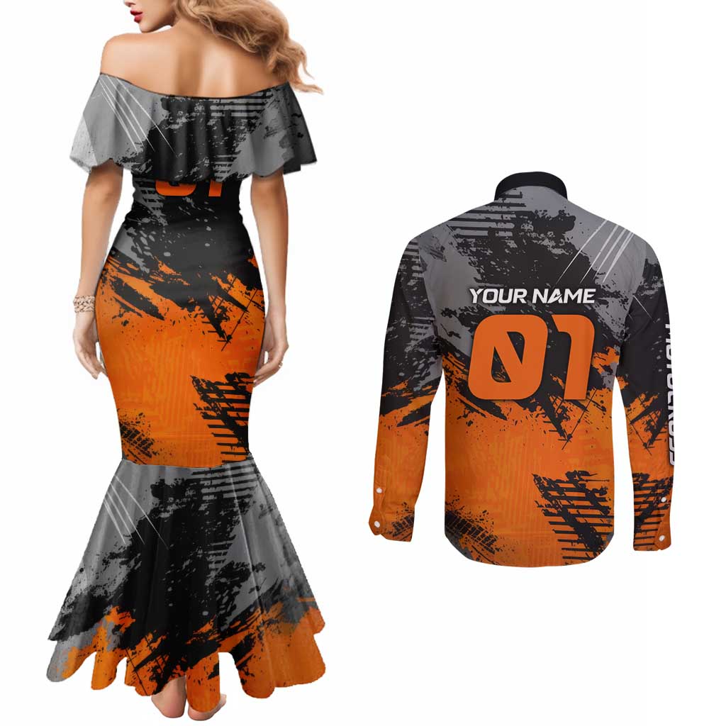 Custom MotoX Eagle Strike Motocross Couples Matching Mermaid Dress and Long Sleeve Button Shirt with Rider Silhouette and Orange Grunge Design - Wonder Print Shop