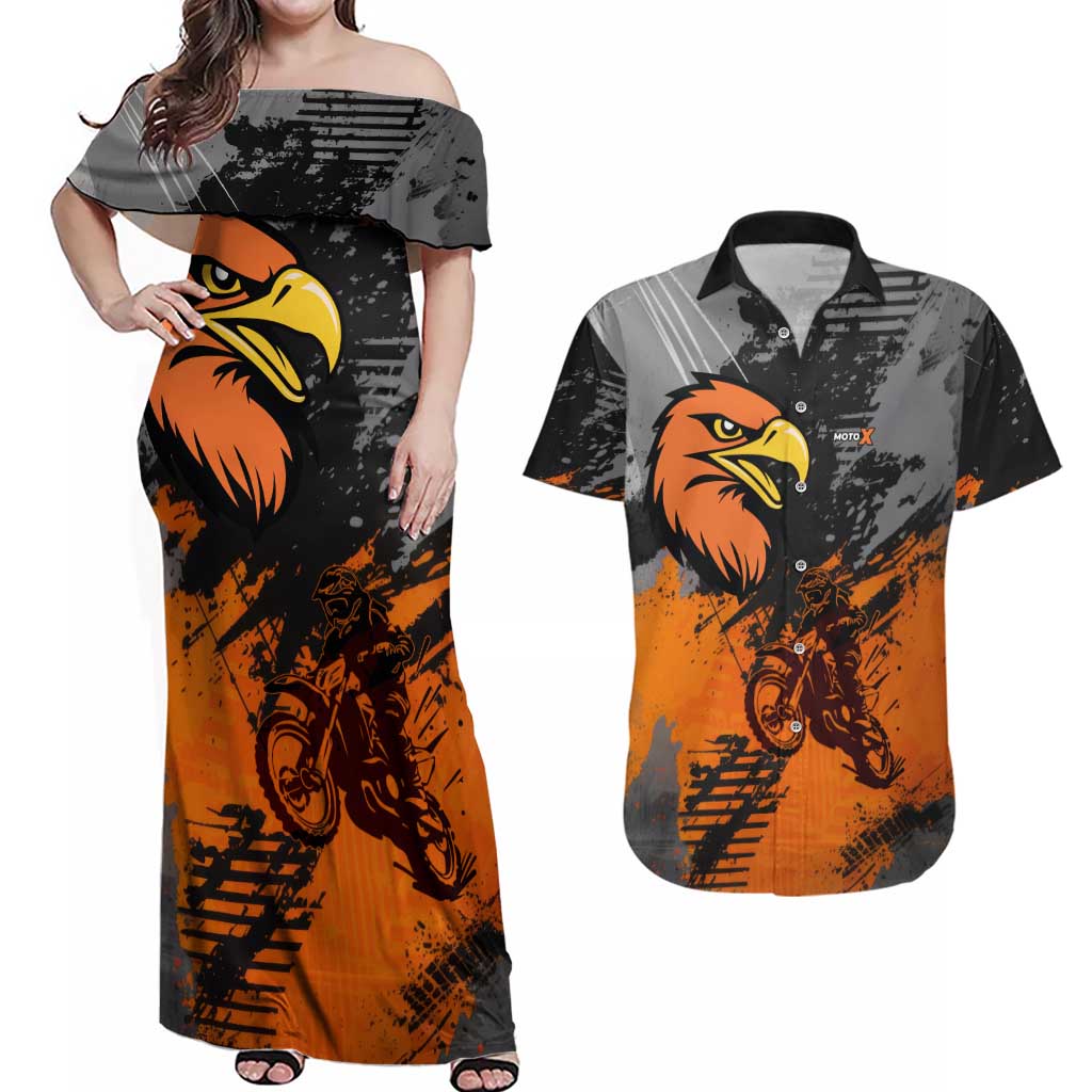 Custom MotoX Eagle Strike Motocross Couples Matching Off Shoulder Maxi Dress and Hawaiian Shirt with Rider Silhouette and Orange Grunge Design - Wonder Print Shop