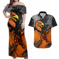 Custom MotoX Eagle Strike Motocross Couples Matching Off Shoulder Maxi Dress and Hawaiian Shirt with Rider Silhouette and Orange Grunge Design - Wonder Print Shop