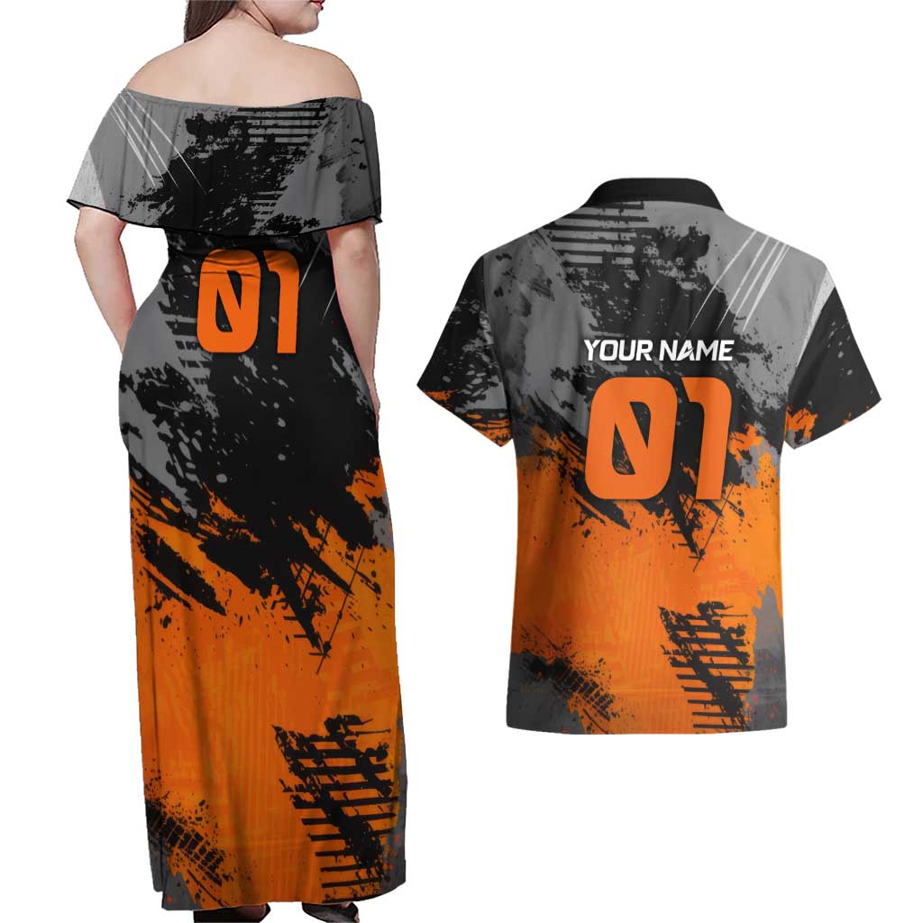 Custom MotoX Eagle Strike Motocross Couples Matching Off Shoulder Maxi Dress and Hawaiian Shirt with Rider Silhouette and Orange Grunge Design - Wonder Print Shop
