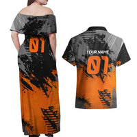 Custom MotoX Eagle Strike Motocross Couples Matching Off Shoulder Maxi Dress and Hawaiian Shirt with Rider Silhouette and Orange Grunge Design - Wonder Print Shop
