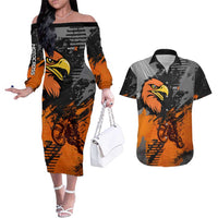 Custom MotoX Eagle Strike Motocross Couples Matching Off The Shoulder Long Sleeve Dress and Hawaiian Shirt with Rider Silhouette and Orange Grunge Design - Wonder Print Shop