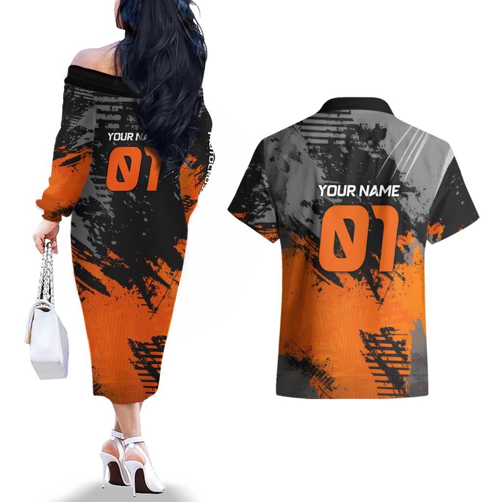 Custom MotoX Eagle Strike Motocross Couples Matching Off The Shoulder Long Sleeve Dress and Hawaiian Shirt with Rider Silhouette and Orange Grunge Design - Wonder Print Shop