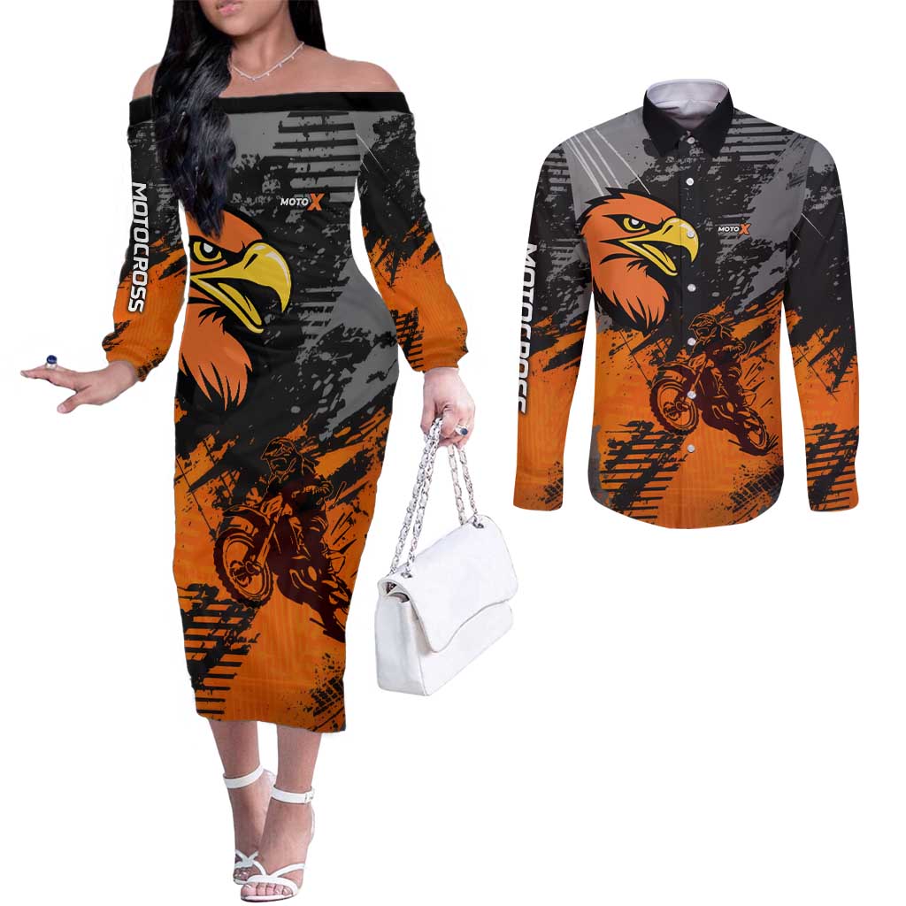 Custom MotoX Eagle Strike Motocross Couples Matching Off The Shoulder Long Sleeve Dress and Long Sleeve Button Shirt with Rider Silhouette and Orange Grunge Design - Wonder Print Shop