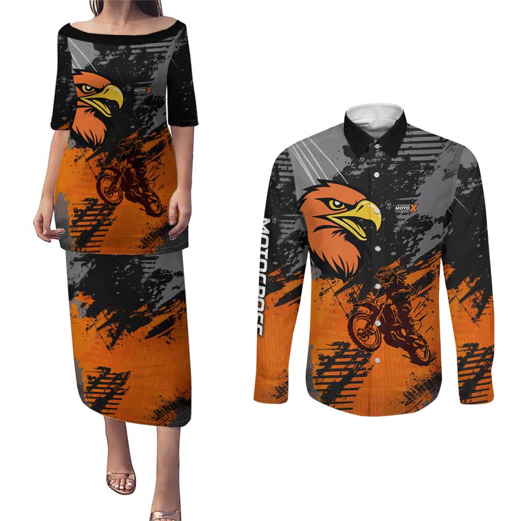 Custom MotoX Eagle Strike Motocross Couples Matching Puletasi and Long Sleeve Button Shirt with Rider Silhouette and Orange Grunge Design - Wonder Print Shop