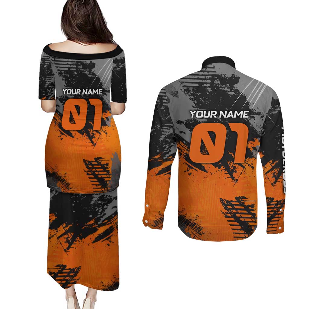 Custom MotoX Eagle Strike Motocross Couples Matching Puletasi and Long Sleeve Button Shirt with Rider Silhouette and Orange Grunge Design - Wonder Print Shop