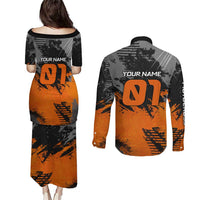 Custom MotoX Eagle Strike Motocross Couples Matching Puletasi and Long Sleeve Button Shirt with Rider Silhouette and Orange Grunge Design - Wonder Print Shop