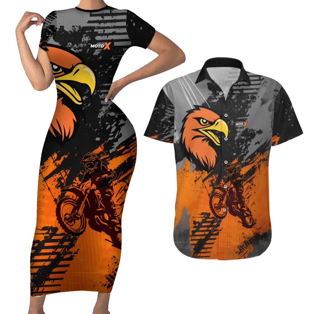 Custom MotoX Eagle Strike Motocross Couples Matching Short Sleeve Bodycon Dress and Hawaiian Shirt with Rider Silhouette and Orange Grunge Design - Wonder Print Shop