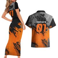 Custom MotoX Eagle Strike Motocross Couples Matching Short Sleeve Bodycon Dress and Hawaiian Shirt with Rider Silhouette and Orange Grunge Design - Wonder Print Shop
