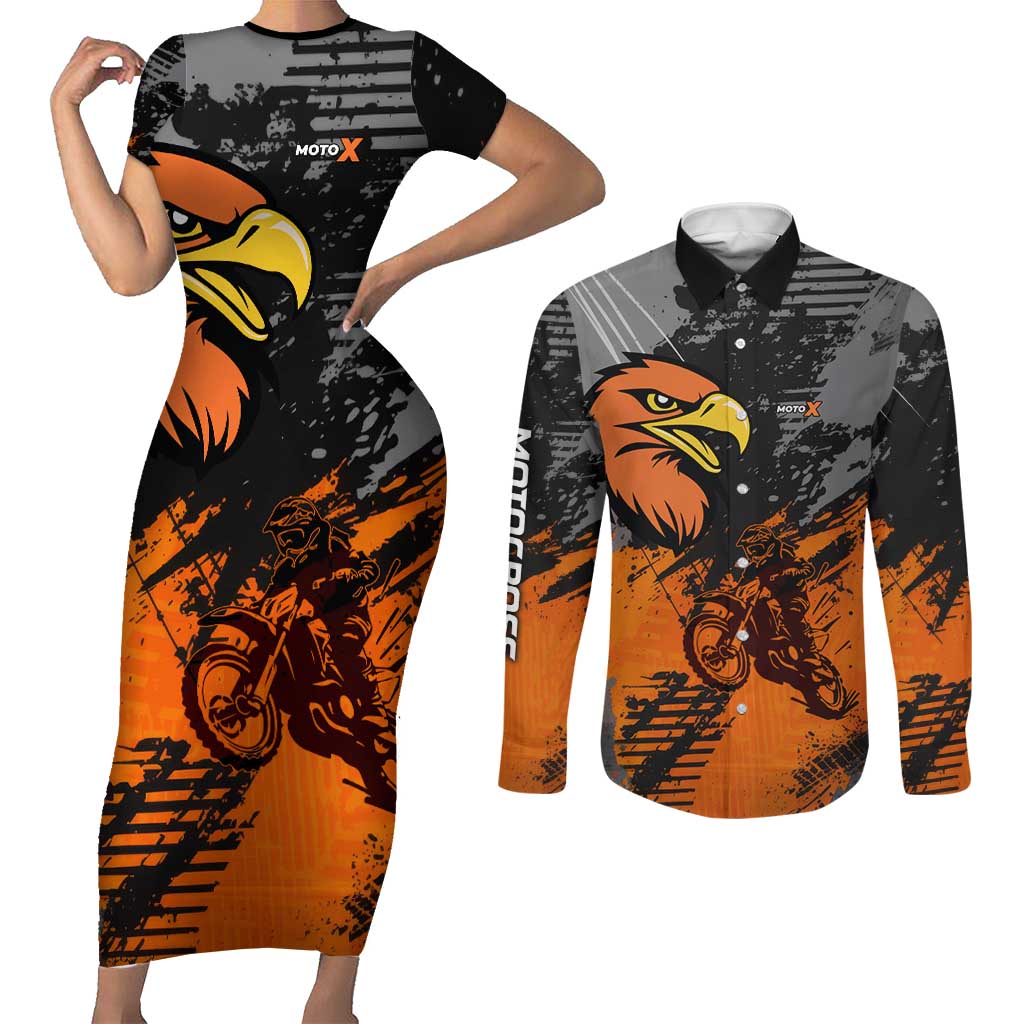 Custom MotoX Eagle Strike Motocross Couples Matching Short Sleeve Bodycon Dress and Long Sleeve Button Shirt with Rider Silhouette and Orange Grunge Design - Wonder Print Shop