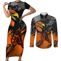 Custom MotoX Eagle Strike Motocross Couples Matching Short Sleeve Bodycon Dress and Long Sleeve Button Shirt with Rider Silhouette and Orange Grunge Design - Wonder Print Shop