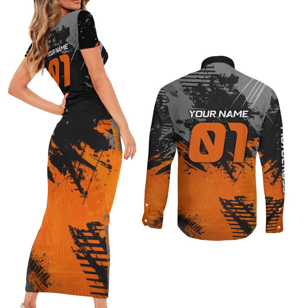 Custom MotoX Eagle Strike Motocross Couples Matching Short Sleeve Bodycon Dress and Long Sleeve Button Shirt with Rider Silhouette and Orange Grunge Design - Wonder Print Shop