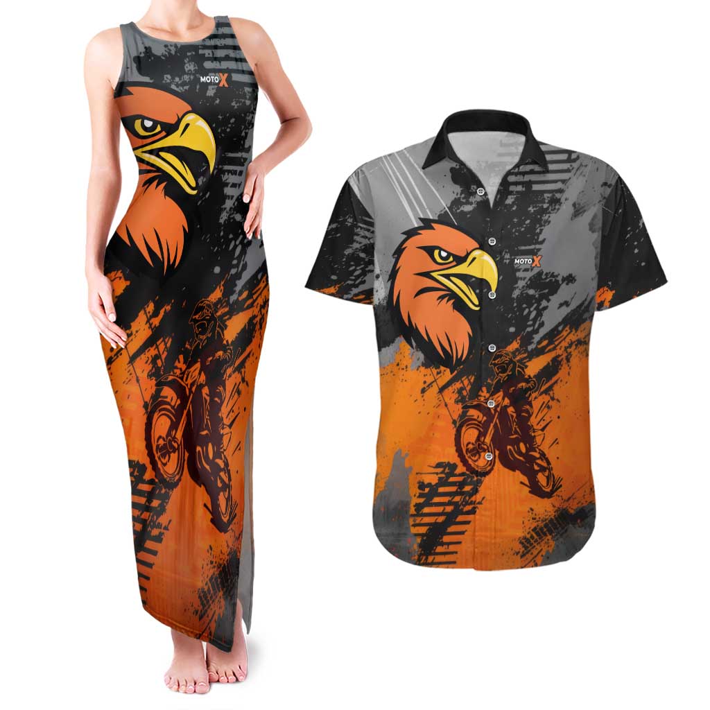 Custom MotoX Eagle Strike Motocross Couples Matching Tank Maxi Dress and Hawaiian Shirt with Rider Silhouette and Orange Grunge Design - Wonder Print Shop
