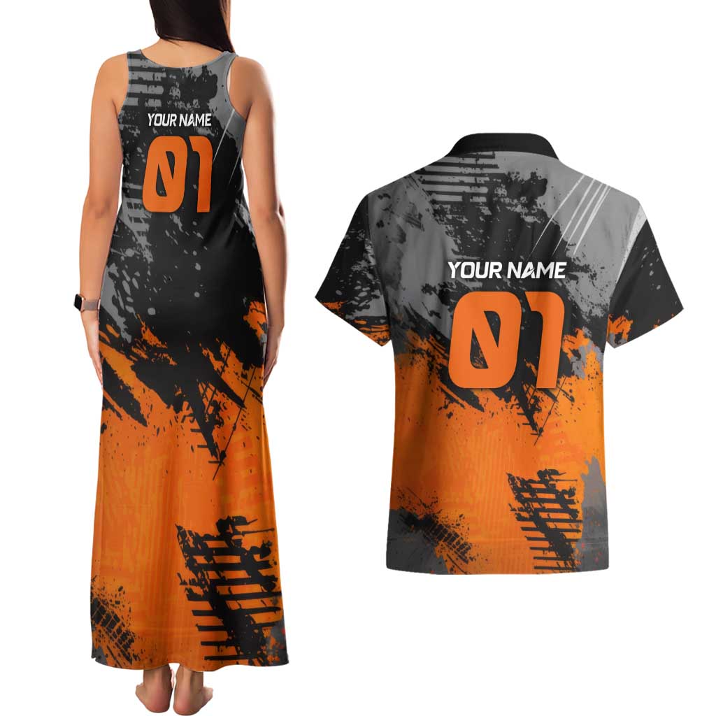 Custom MotoX Eagle Strike Motocross Couples Matching Tank Maxi Dress and Hawaiian Shirt with Rider Silhouette and Orange Grunge Design - Wonder Print Shop