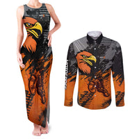 Custom MotoX Eagle Strike Motocross Couples Matching Tank Maxi Dress and Long Sleeve Button Shirt with Rider Silhouette and Orange Grunge Design - Wonder Print Shop