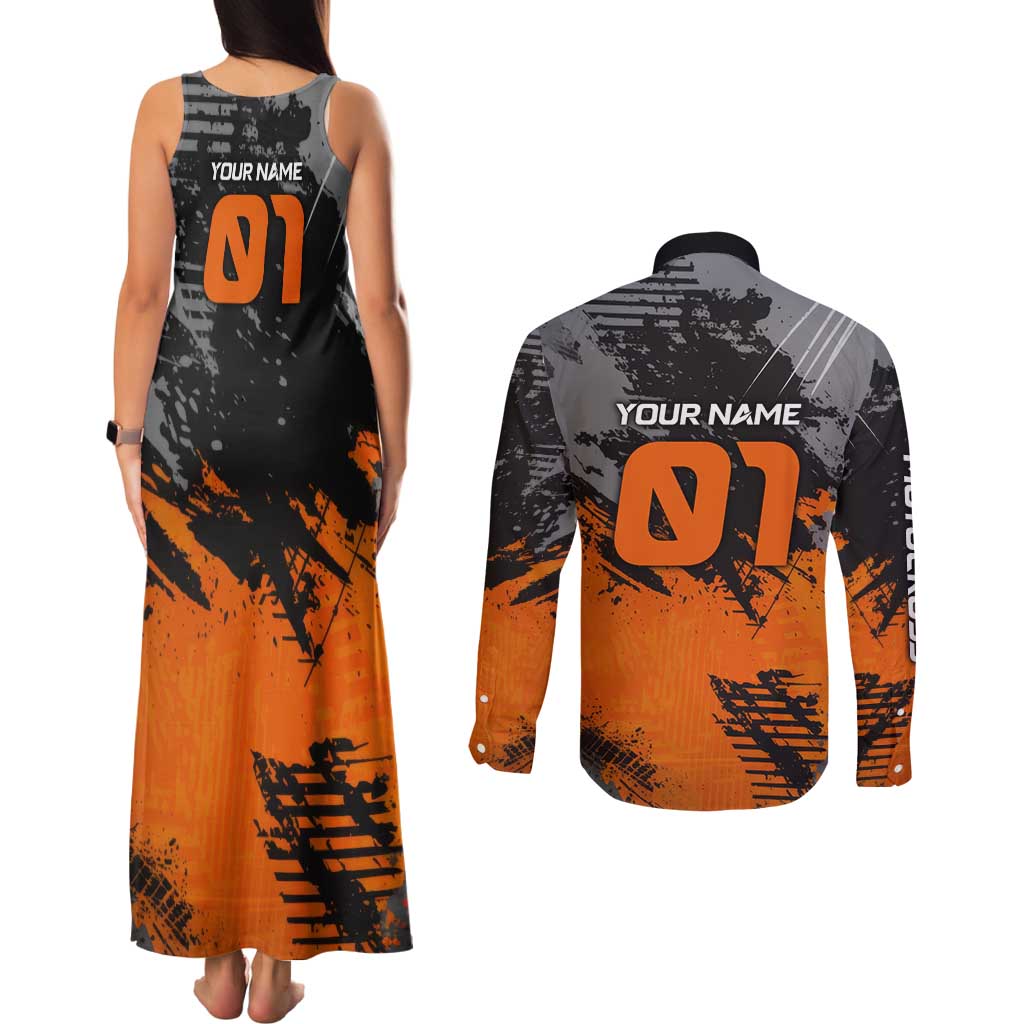 Custom MotoX Eagle Strike Motocross Couples Matching Tank Maxi Dress and Long Sleeve Button Shirt with Rider Silhouette and Orange Grunge Design - Wonder Print Shop