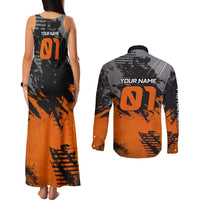 Custom MotoX Eagle Strike Motocross Couples Matching Tank Maxi Dress and Long Sleeve Button Shirt with Rider Silhouette and Orange Grunge Design - Wonder Print Shop
