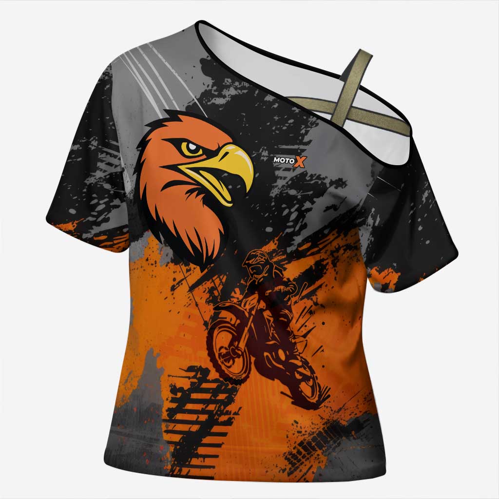 Custom MotoX Eagle Strike Motocross Cross Shoulder Shirt with Rider Silhouette and Orange Grunge Design - Wonder Print Shop