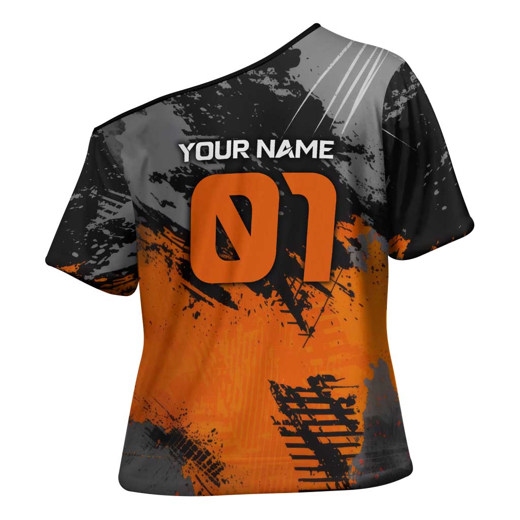 Custom MotoX Eagle Strike Motocross Cross Shoulder Shirt with Rider Silhouette and Orange Grunge Design - Wonder Print Shop