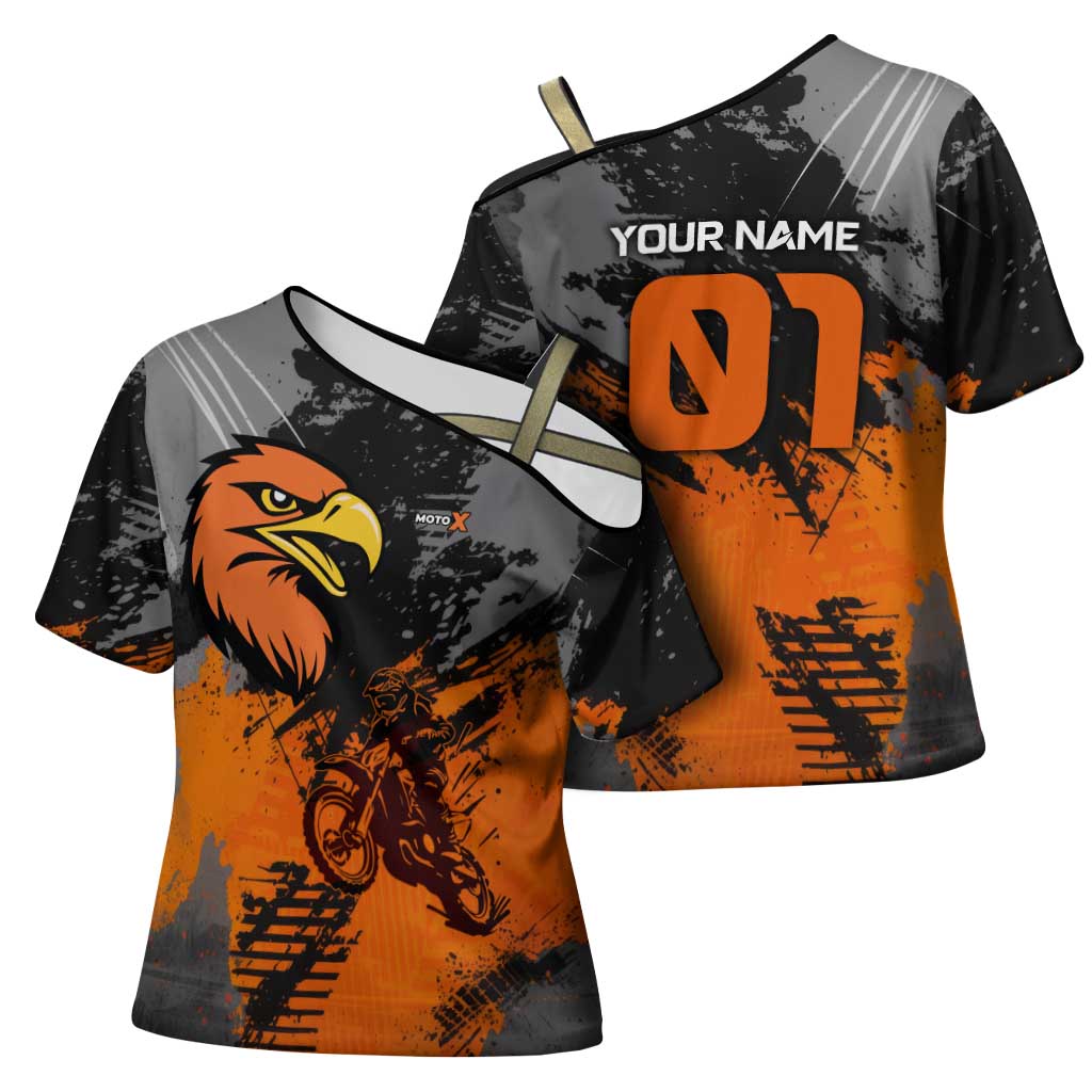 Custom MotoX Eagle Strike Motocross Cross Shoulder Shirt with Rider Silhouette and Orange Grunge Design - Wonder Print Shop