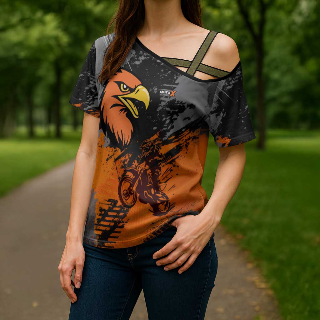 Custom MotoX Eagle Strike Motocross Cross Shoulder Shirt with Rider Silhouette and Orange Grunge Design - Wonder Print Shop