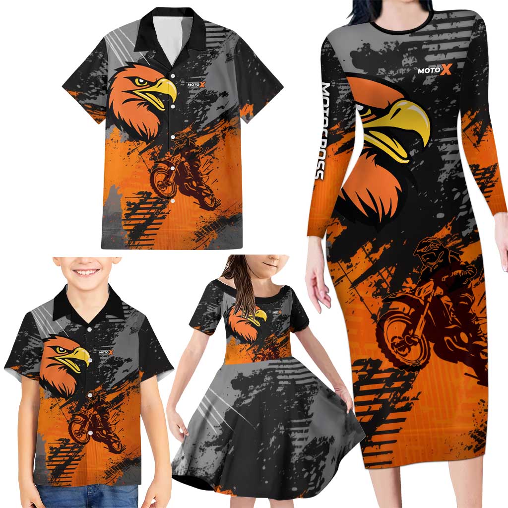 Custom MotoX Eagle Strike Motocross Family Matching Long Sleeve Bodycon Dress and Hawaiian Shirt with Rider Silhouette and Orange Grunge Design - Wonder Print Shop