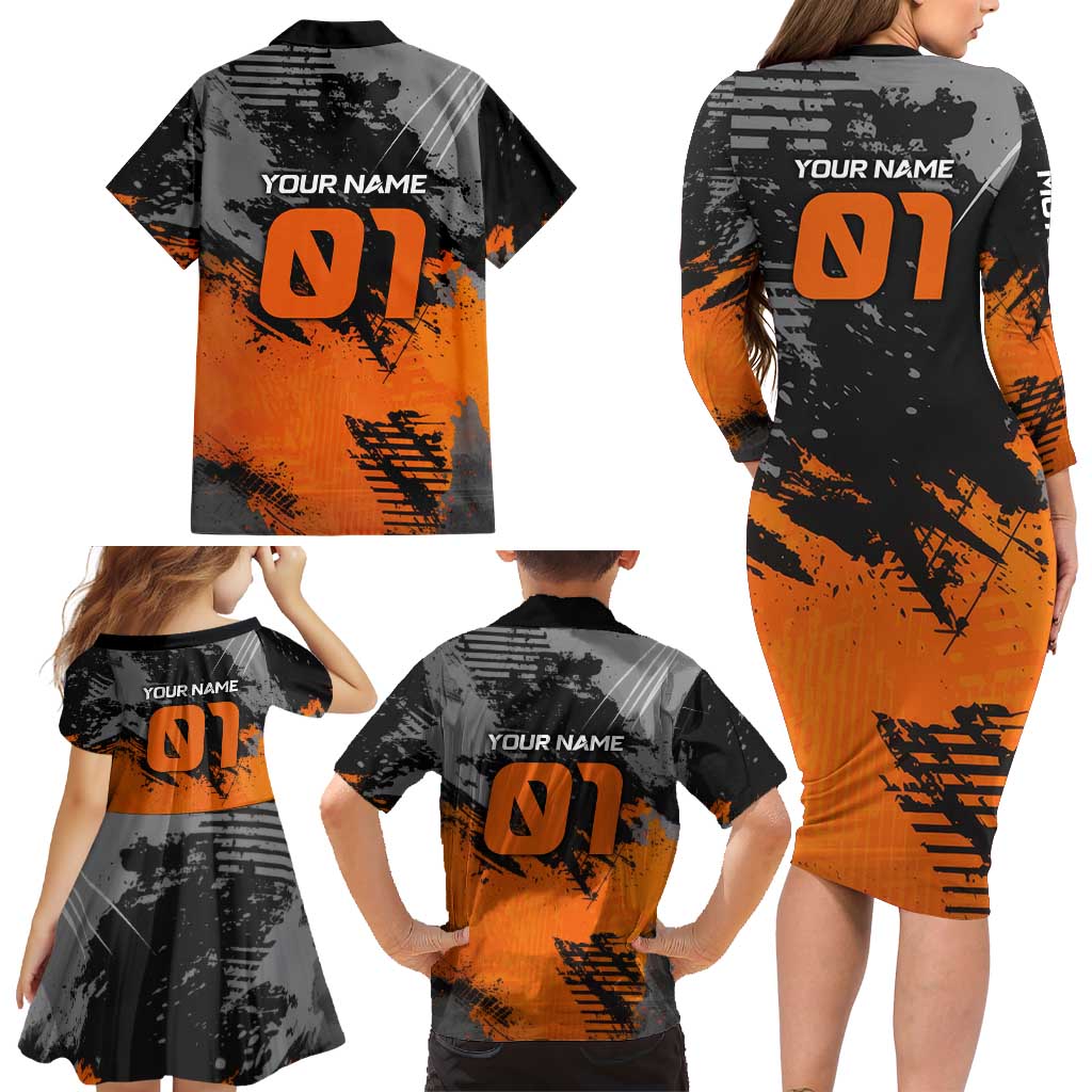 Custom MotoX Eagle Strike Motocross Family Matching Long Sleeve Bodycon Dress and Hawaiian Shirt with Rider Silhouette and Orange Grunge Design - Wonder Print Shop