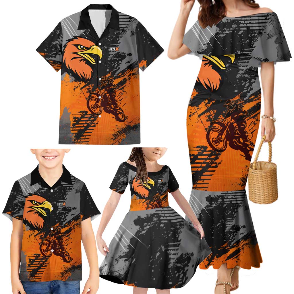 Custom MotoX Eagle Strike Motocross Family Matching Mermaid Dress and Hawaiian Shirt with Rider Silhouette and Orange Grunge Design - Wonder Print Shop
