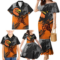 Custom MotoX Eagle Strike Motocross Family Matching Mermaid Dress and Hawaiian Shirt with Rider Silhouette and Orange Grunge Design - Wonder Print Shop