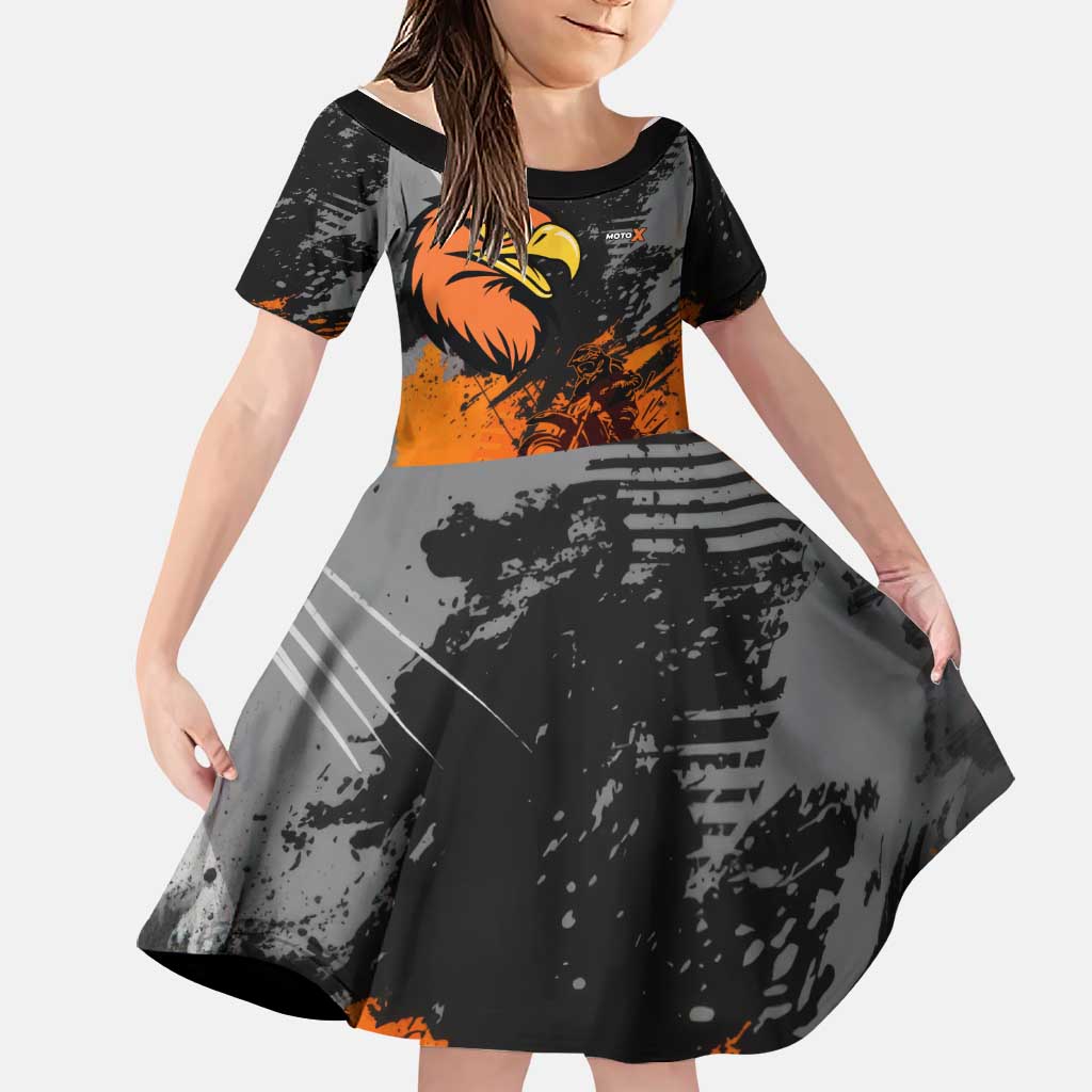 Custom MotoX Eagle Strike Motocross Family Matching Off The Shoulder Long Sleeve Dress and Hawaiian Shirt with Rider Silhouette and Orange Grunge Design - Wonder Print Shop