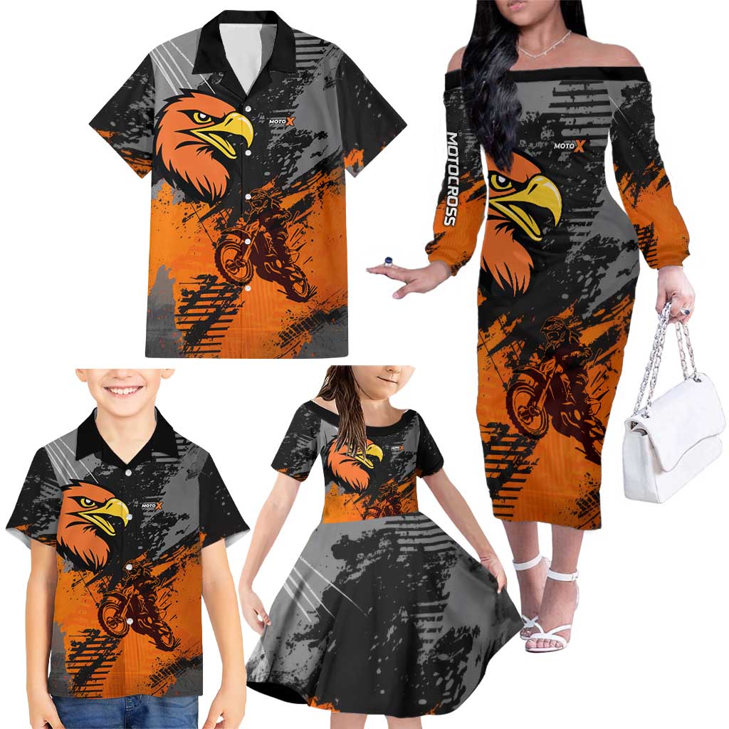 Custom MotoX Eagle Strike Motocross Family Matching Off The Shoulder Long Sleeve Dress and Hawaiian Shirt with Rider Silhouette and Orange Grunge Design - Wonder Print Shop