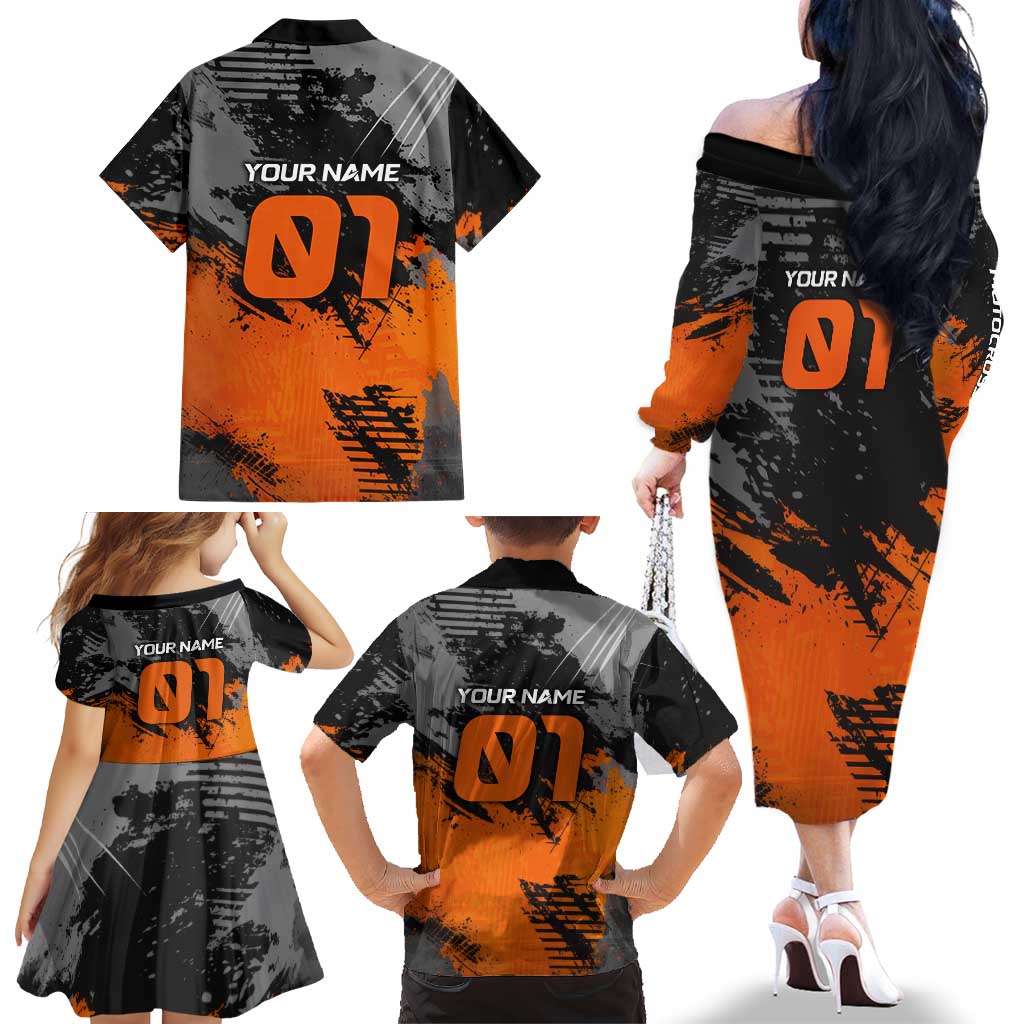 Custom MotoX Eagle Strike Motocross Family Matching Off The Shoulder Long Sleeve Dress and Hawaiian Shirt with Rider Silhouette and Orange Grunge Design - Wonder Print Shop