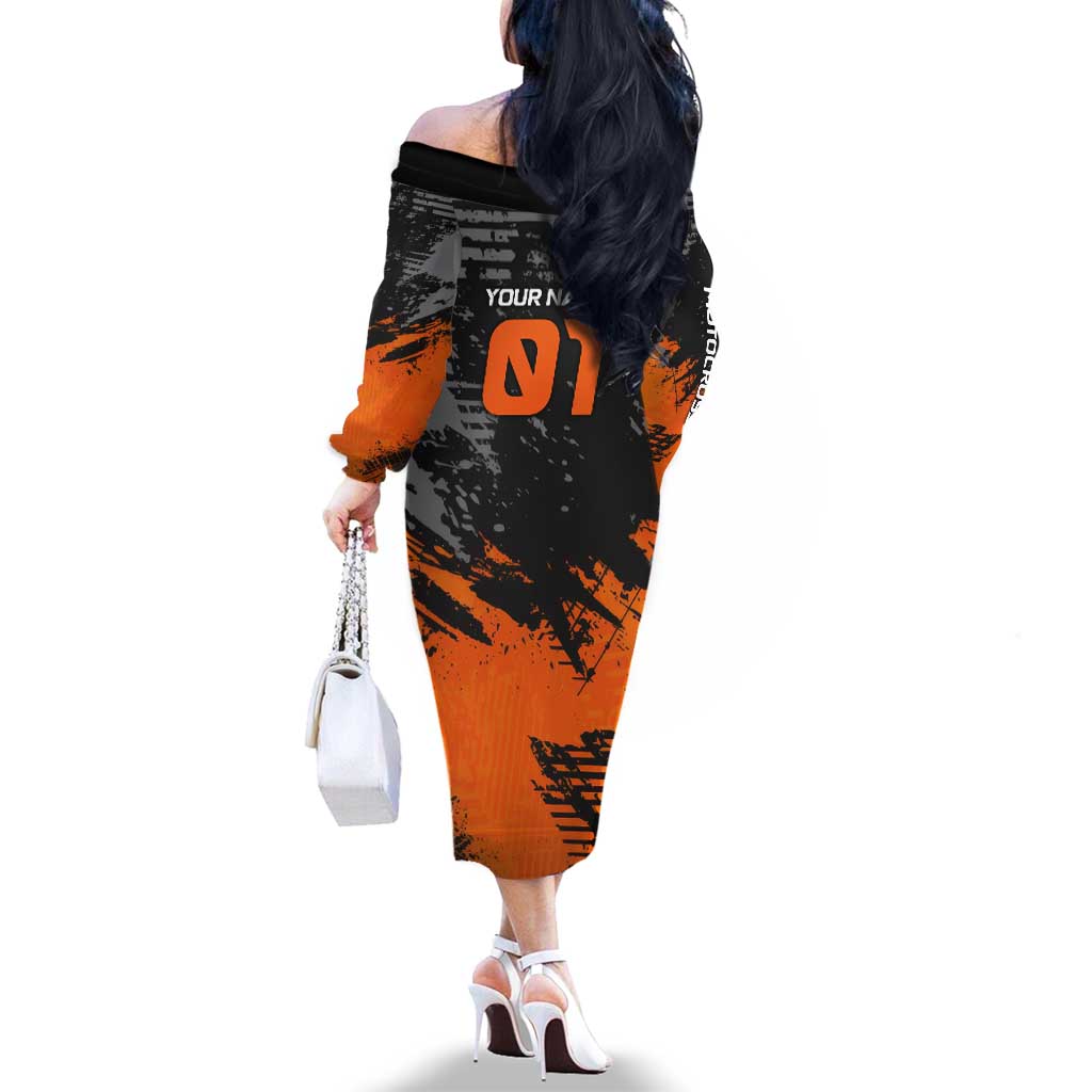 Custom MotoX Eagle Strike Motocross Family Matching Off The Shoulder Long Sleeve Dress and Hawaiian Shirt with Rider Silhouette and Orange Grunge Design - Wonder Print Shop