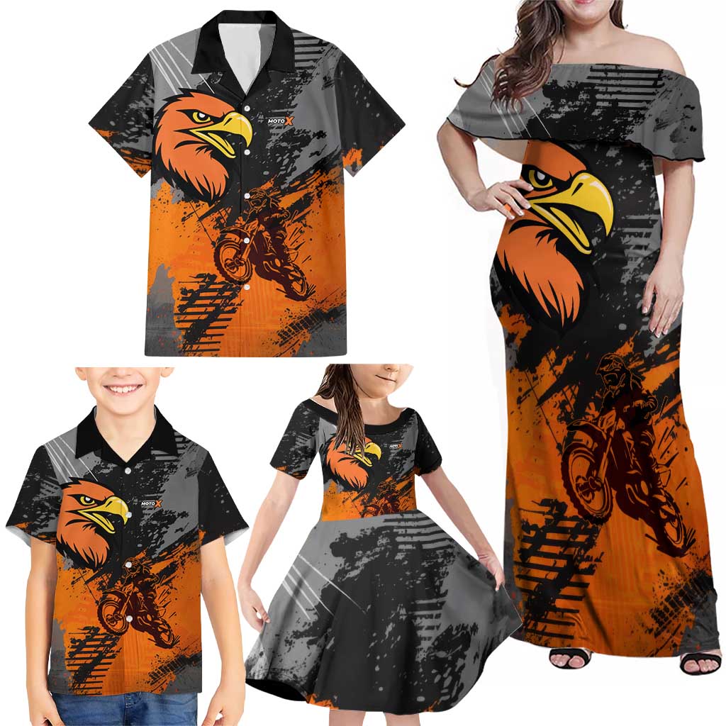 Custom MotoX Eagle Strike Motocross Family Matching Off Shoulder Maxi Dress and Hawaiian Shirt with Rider Silhouette and Orange Grunge Design - Wonder Print Shop