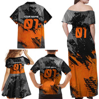 Custom MotoX Eagle Strike Motocross Family Matching Off Shoulder Maxi Dress and Hawaiian Shirt with Rider Silhouette and Orange Grunge Design - Wonder Print Shop