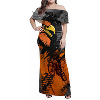 Custom MotoX Eagle Strike Motocross Family Matching Off Shoulder Maxi Dress and Hawaiian Shirt with Rider Silhouette and Orange Grunge Design - Wonder Print Shop