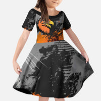 Custom MotoX Eagle Strike Motocross Family Matching Off Shoulder Short Dress and Hawaiian Shirt with Rider Silhouette and Orange Grunge Design - Wonder Print Shop