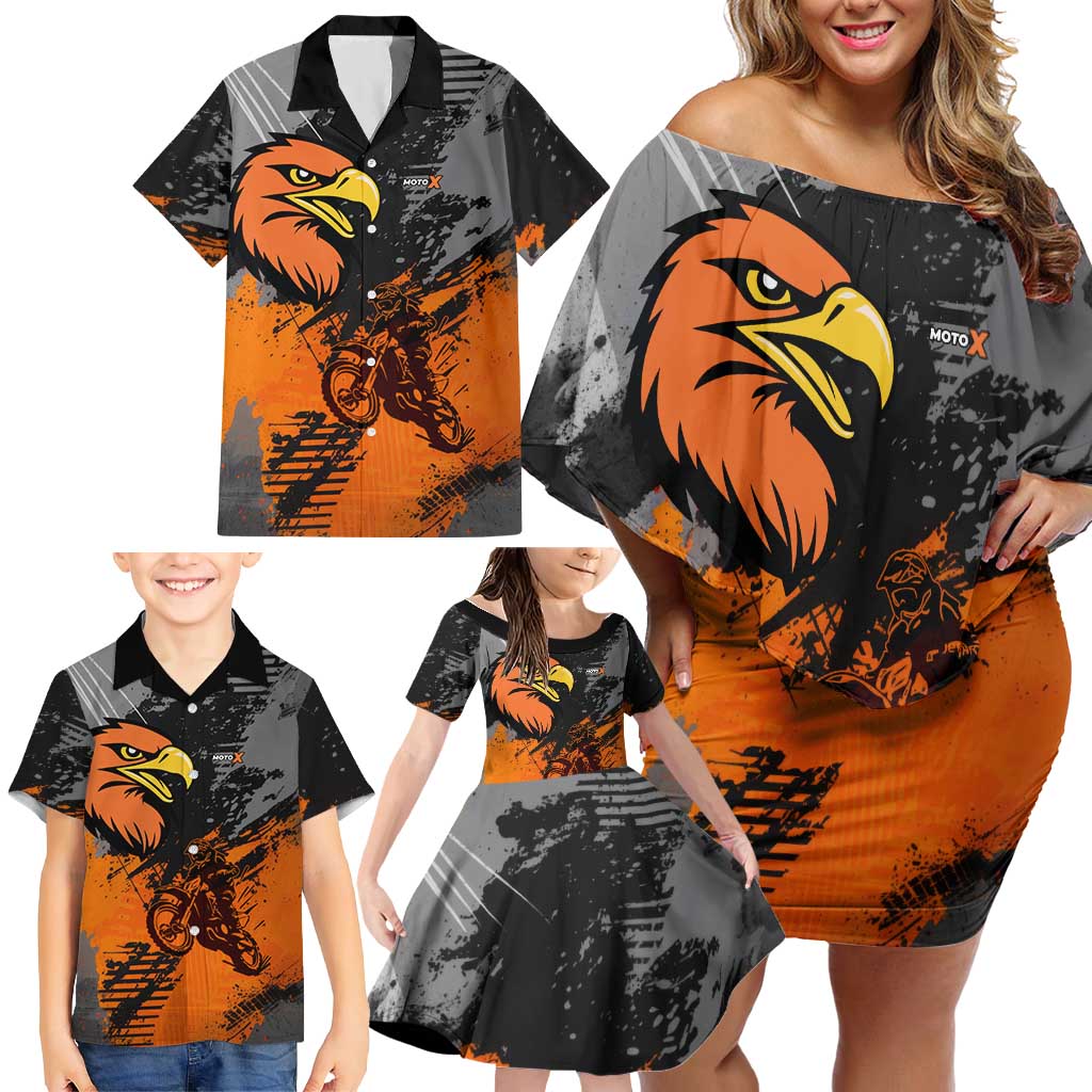 Custom MotoX Eagle Strike Motocross Family Matching Off Shoulder Short Dress and Hawaiian Shirt with Rider Silhouette and Orange Grunge Design - Wonder Print Shop