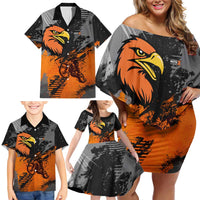 Custom MotoX Eagle Strike Motocross Family Matching Off Shoulder Short Dress and Hawaiian Shirt with Rider Silhouette and Orange Grunge Design - Wonder Print Shop