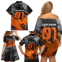 Custom MotoX Eagle Strike Motocross Family Matching Off Shoulder Short Dress and Hawaiian Shirt with Rider Silhouette and Orange Grunge Design - Wonder Print Shop