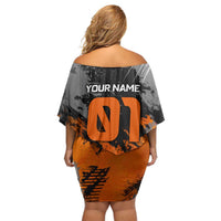 Custom MotoX Eagle Strike Motocross Family Matching Off Shoulder Short Dress and Hawaiian Shirt with Rider Silhouette and Orange Grunge Design - Wonder Print Shop