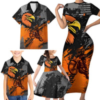 Custom MotoX Eagle Strike Motocross Family Matching Short Sleeve Bodycon Dress and Hawaiian Shirt with Rider Silhouette and Orange Grunge Design - Wonder Print Shop