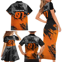 Custom MotoX Eagle Strike Motocross Family Matching Short Sleeve Bodycon Dress and Hawaiian Shirt with Rider Silhouette and Orange Grunge Design - Wonder Print Shop