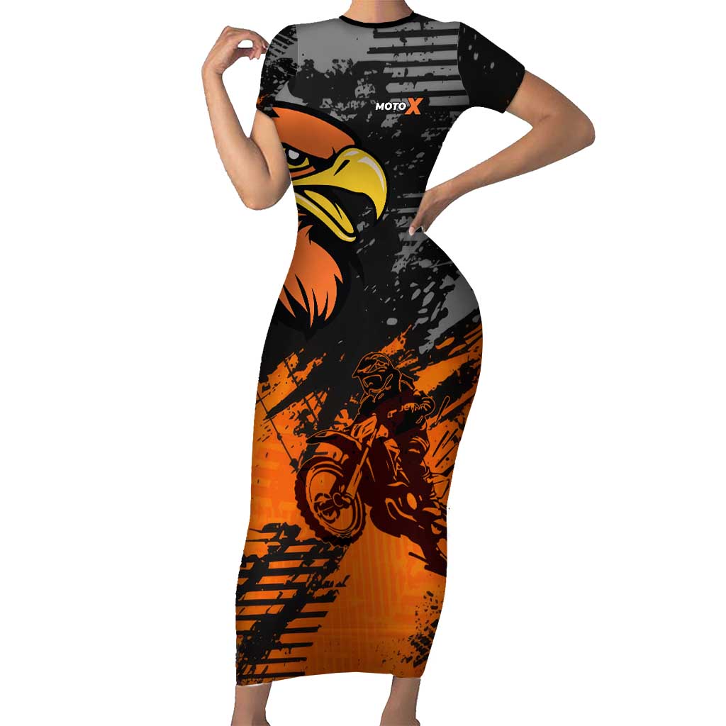 Custom MotoX Eagle Strike Motocross Family Matching Short Sleeve Bodycon Dress and Hawaiian Shirt with Rider Silhouette and Orange Grunge Design - Wonder Print Shop