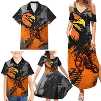 Custom MotoX Eagle Strike Motocross Family Matching Summer Maxi Dress and Hawaiian Shirt with Rider Silhouette and Orange Grunge Design - Wonder Print Shop