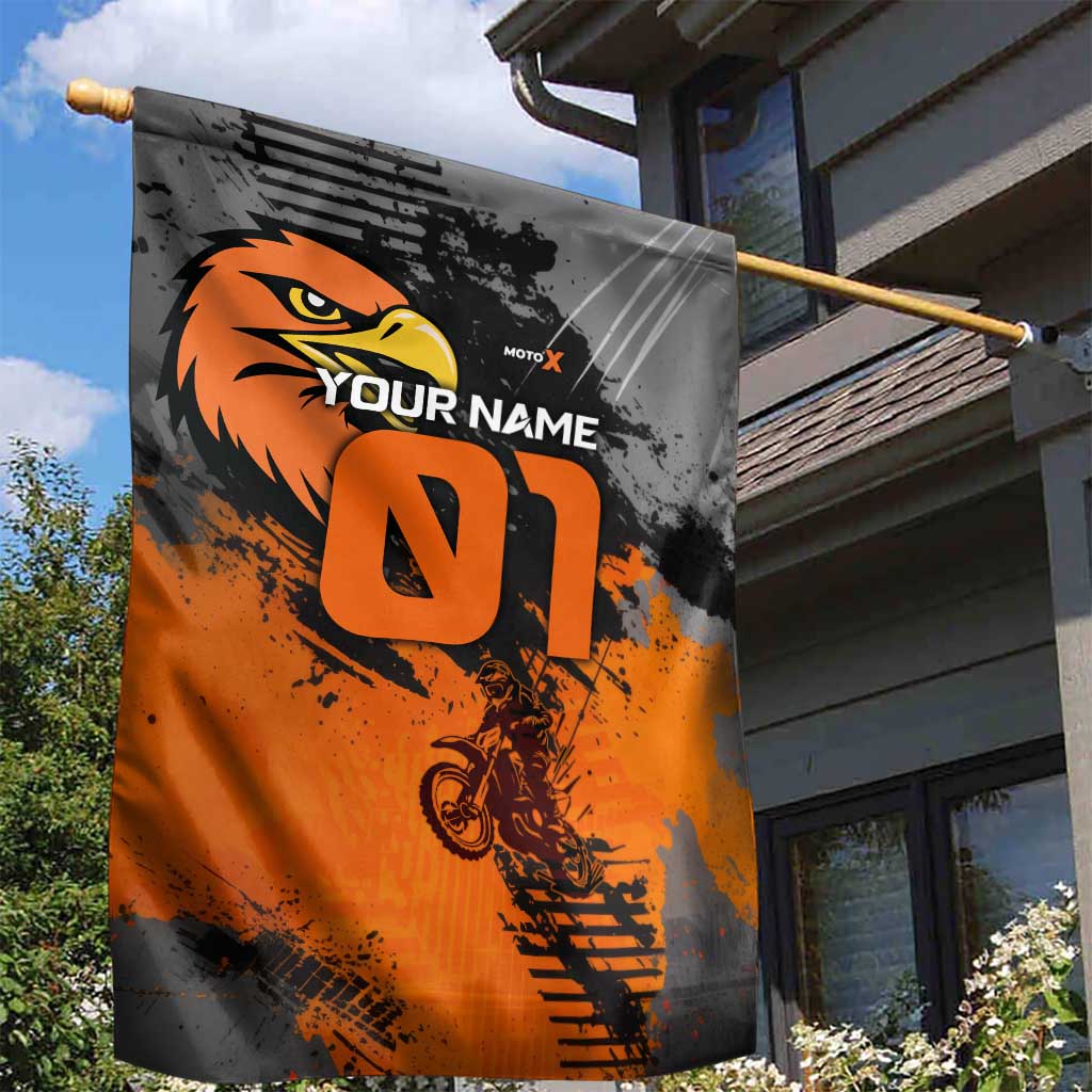 Custom MotoX Eagle Strike Motocross Garden Flag with Rider Silhouette and Orange Grunge Design - Wonder Print Shop