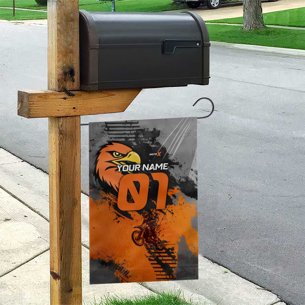 Custom MotoX Eagle Strike Motocross Garden Flag with Rider Silhouette and Orange Grunge Design - Wonder Print Shop