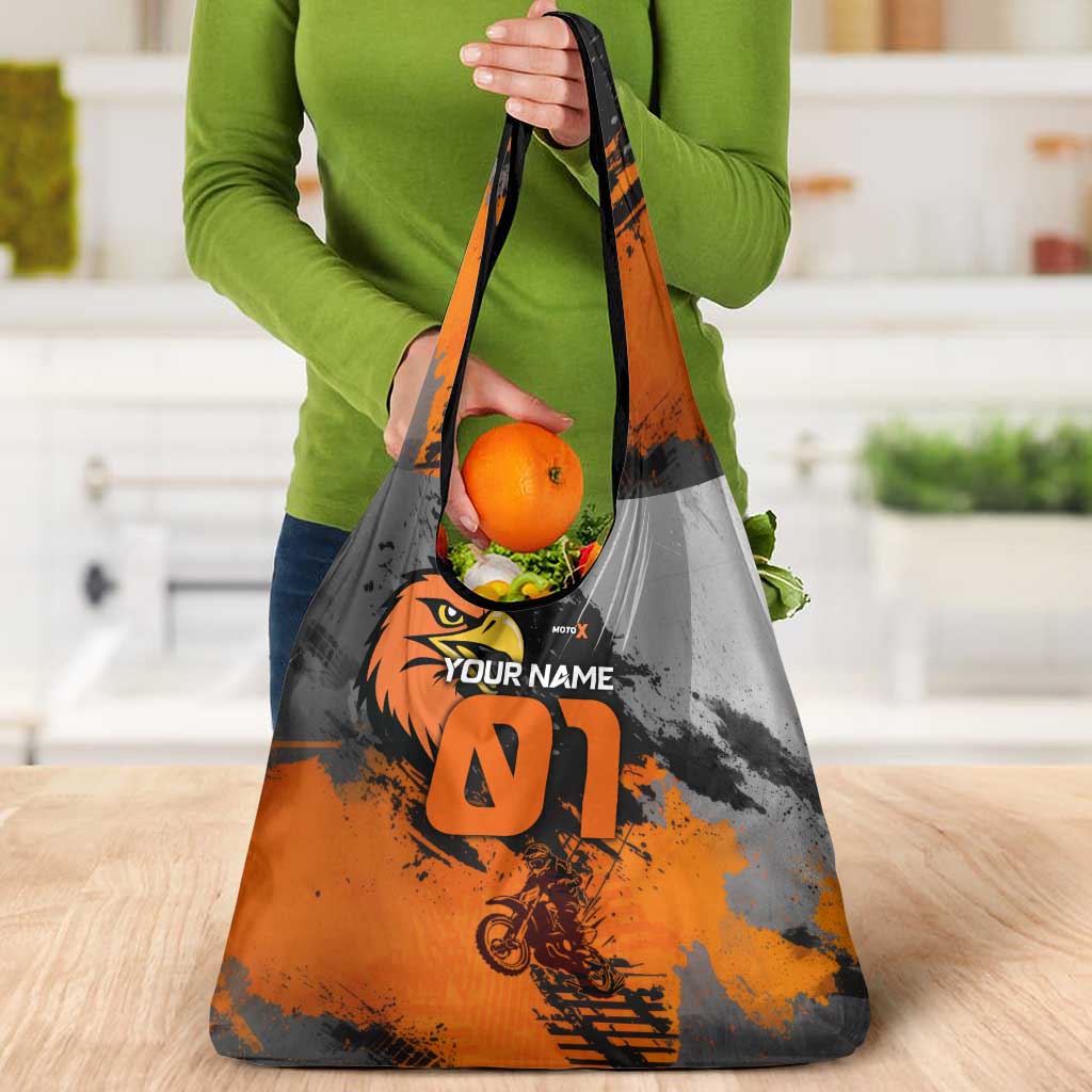 Custom MotoX Eagle Strike Motocross Grocery Bag with Rider Silhouette and Orange Grunge Design - Wonder Print Shop